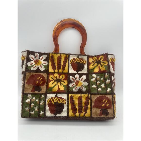 Vtg 70s Purse Needlepoint Floral Mushroom Patchwork Lucite Handles Retro MCM - Picture 2 of 7